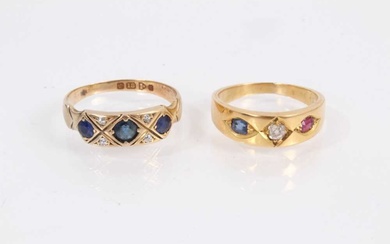 Edwardian 18ct gold sapphire and diamond ring together with a yellow metal sapphire, diamond and ruby three stone ring