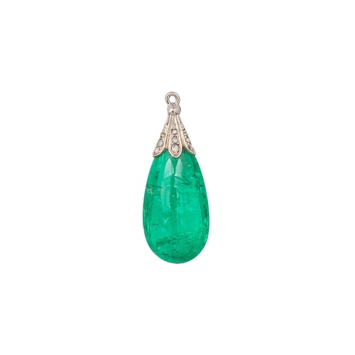 Edwardian A very fine emerald drop pendant The cabochon drop...