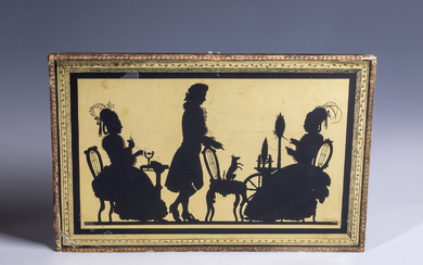 Eglomise painting Around 1800 Eglomise on glass. Two ladies doing needlework, be...