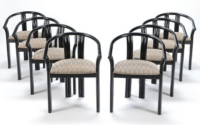 Eight ebonized faux rattan wood dining chairs. Ht: 25.75" Wd: 22" Dpth: 20.25" Seat: 18"