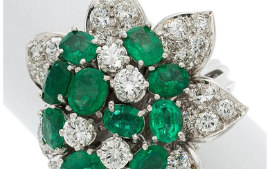 Emerald, Diamond, White Gold Ring Stones: Oval-shaped emeralds weighing...