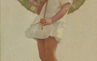 Ernest Longmate, British 1876-1955- Portrait of the artist's daughter with a parasol; watercolour on paper, signed lower right 'Longmate', 42 x 22 cm (ARR) Provenance: Hamilton Fine Arts, London, where purchased by the present owner