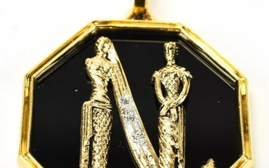 Erte Signed 14kt Gold Onyx & Diamond Pendant