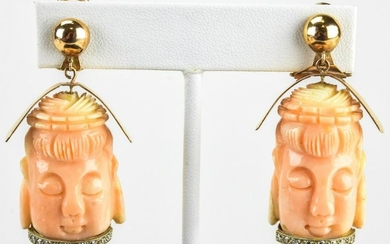 Estate Chinese 14kt Gold Diamond & Coral Earrings