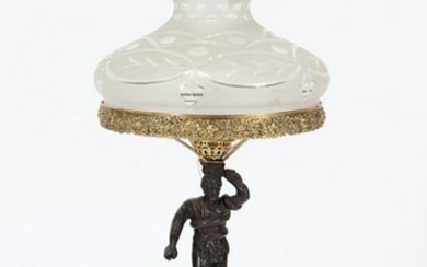 FIGURAL BRONZE TABLE LAMP ETCHED GLASS SHADE 1900