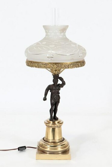 FIGURAL BRONZE TABLE LAMP ETCHED GLASS SHADE 1900