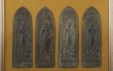 FOUR THAI BRONZE BAS-RELIEFS DEPICTING BUDDHA 20TH CENTURY.