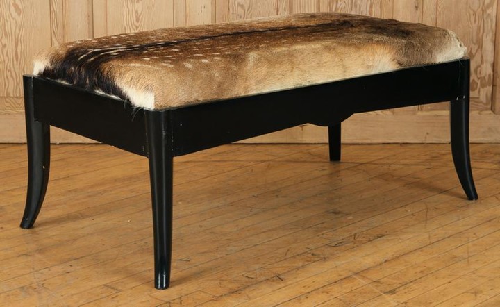 FRENCH EBONIZED BENCH COVERED IN DEER HIDE C.1950