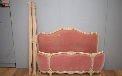 FRENCH LOUIS XV MANNER UPHOLSTERED BED, C.1940'S - SIGNED BY MAKER (H115 X W152 CM BED HEAD) (LEONARD JOEL DELIVERY SIZE: LARGE)