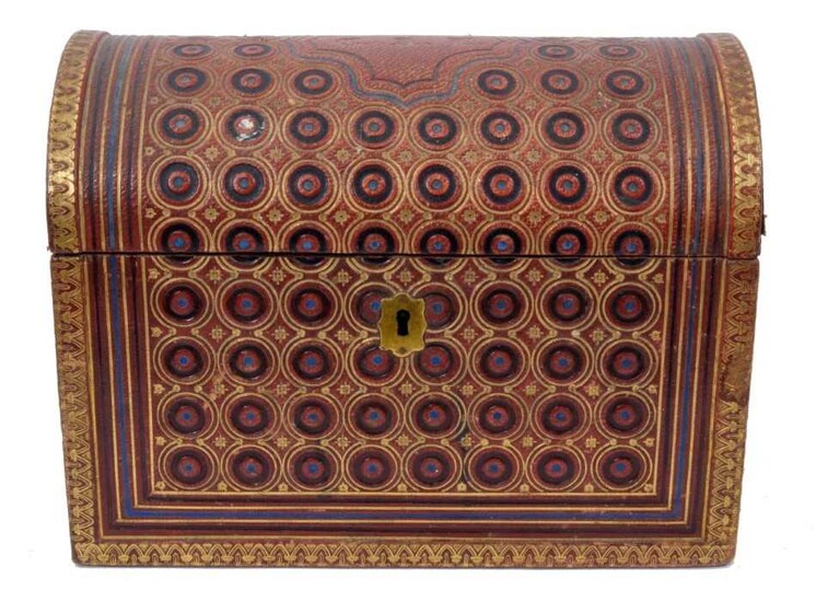 Fine quality late 19th century embossed leather stationery box by Asprey, of domed form, the hinged cover with initials CAL, and allover embossed geometric ornament, the divisioned interior with si...