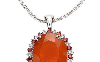 Fire Opal, Garnet, Diamond, White Gold Pendant-Necklace Stones: Oval-shaped...