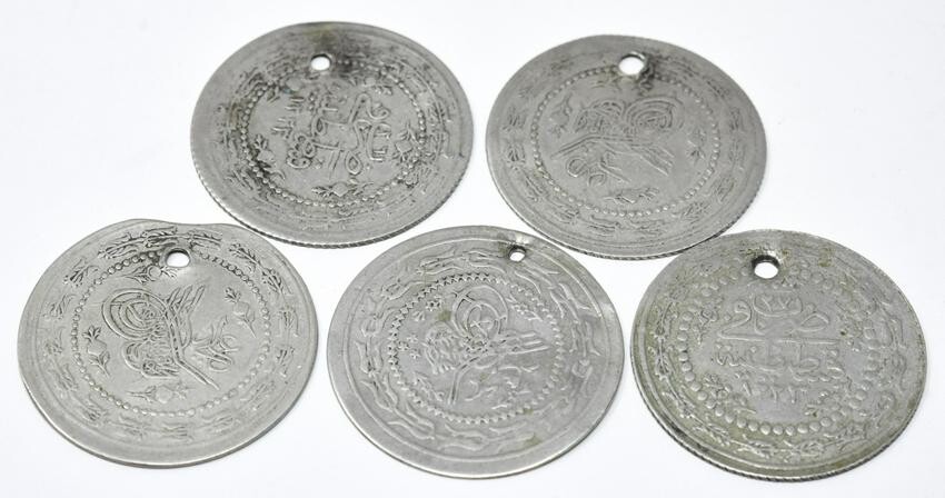 Five Antique Middle Eastern Coin Necklace Pendants