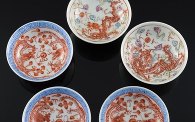 Five Chinese famille rose 'dragon' dishes, Republic period