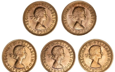 Five Elizabeth II sovereigns, comprising: 1958; 1964 x 2; 1968 x 2 (5)