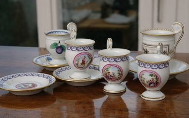 Five small espresso cups, Ginori, each with painted medallion, blue vine and gold decoration