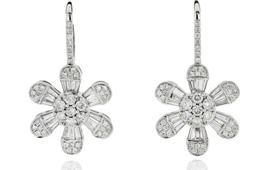 Flower 14K White Gold 4.08 Carat Diamond Drop Dangle Earrings