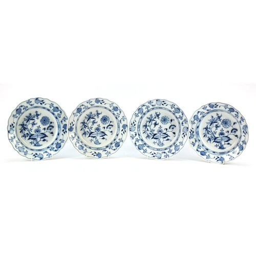 Four Meissen soup plates, each hand painted in the Blue Onio...