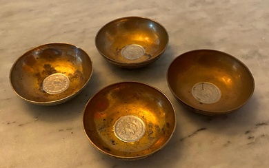 Four Small Silver Plate Bowls, Inset with a Malaysian Coin