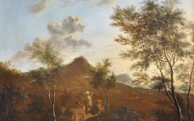 Frederick de Moucheron (Dutch 1633-1686), Italianate river landscape with fortified town