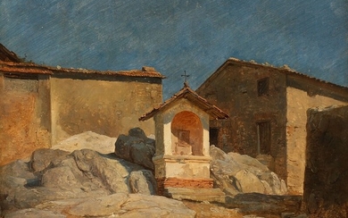 Frederik Rohde: View from Olevano. Signed F. Rohde. Oil on paper laid on canvas. 27.5×30 cm.