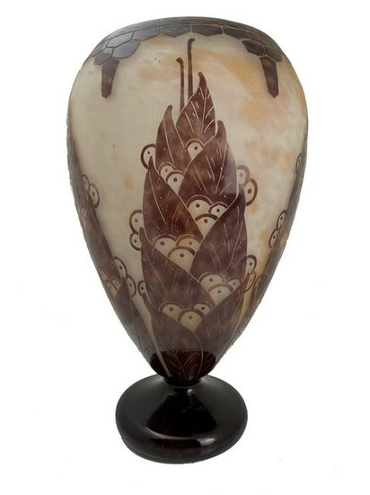 French Art Deco Leverre cameo glass vase, signed