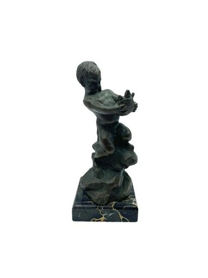 French Bronze Child Satyr with Turtle Statue on Marble