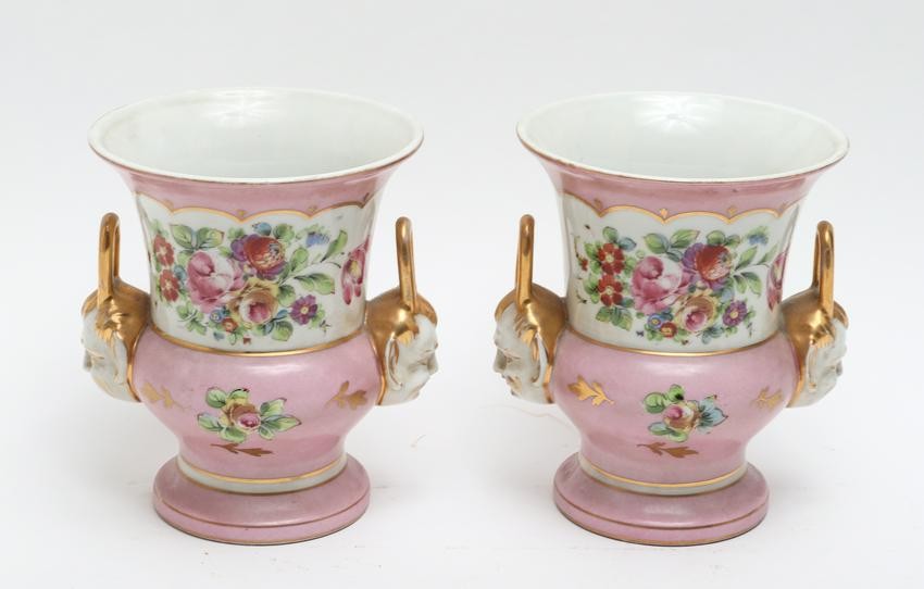 French Porcelain Mantel Urns, Pair