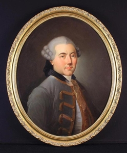 French School, Oil on Canvas: A Late 18th Century Head & Shoulders Oval Portrait of a Gentleman wearing a grey jacket with gilt frogging, 30 in x 24 in (76 cm x 61 cm). Set in a modern decorative gilt frame 34 in x 28 in (86 cm x 71 cm).