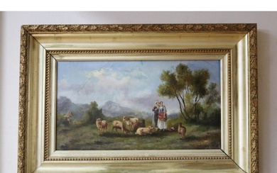 French School, Sheppard's with sheep, oil on board, approx 2...