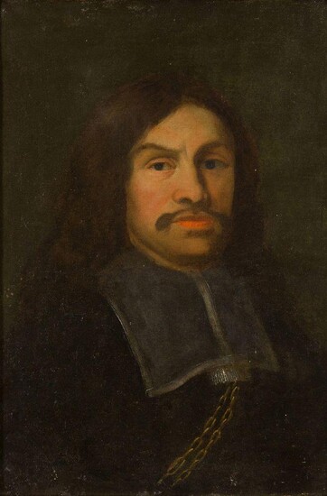 French School, late 17th century- Portrait of a gentleman, bust-length, with a moustache, and wearing a long Ã¢â‚¬ËœLouis XIII collarÃ¢â‚¬â„¢ with chain; oil on canvas, 53.5 x 38.5 cm. Provenance: Private Collection, UK.