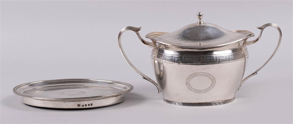 GEORGE III SILVER COVERED TWO-HANDLED SUGAR BOWL AND TEAPOT STAND, LONDON 1802, JOHN EMES