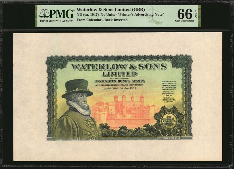 GREAT BRITAIN. Waterlow & Sons Limited. Printers Advisory Note, ND (ca.1947). P-Unlisted. PMG Gem Uncirculated 66 EPQ.
