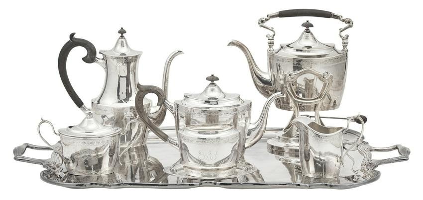 Gebelein Silver Plated Tea & Coffee Service; Together with a Silver Plated Two Handled Tray