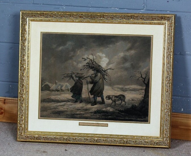 George Morland print, "Cottagers Winter", housed in a gilt and glazed frame, the print 59cm x 46cm
