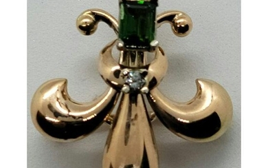 Gold Brooch With Diamond & Tourmaline Fleur De Lis