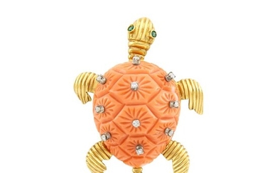 Gold, Carved Coral, Diamond and Emerald Turtle Clip-Brooch