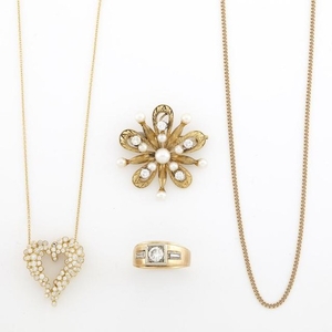 Gold and Diamond Ring, Heart Pendant-Necklace, Brooch and Chain Necklace