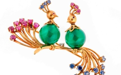 Gold brooch featuring two birds set with green pearls of...