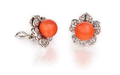 Gold flower earrings, coral and diamonds