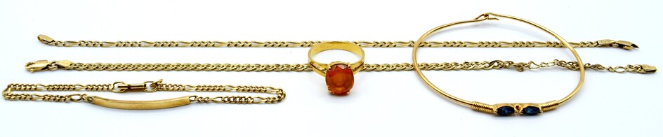 Gourmette, bracelet rigide et 2 bracelets en or jaune 14 ct (pierres de couleur, personnalisée,...