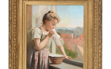 HOUDAILLE T. « La jeune fille faisant des bulles de savon ». Toile signée dans...