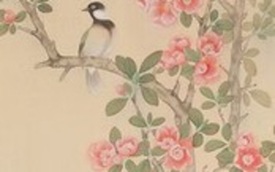 Hanging scroll - Bone, Silk - Large and impressive spring painting "Japanese tit amidst blooming quince - Japan - Early 20th century