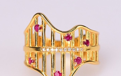 Heart of Gemstone - 925 Gold-plated, Silver - Ring - Diamonds, Rubies