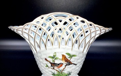 Herend - Work of Art Large Breakthrough Basket (18,5 cm) - "Rothschild Bird" - Basket - Hand Painted Porcelain