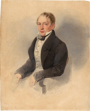 Herr, Faustin – Miniatur Portrait eines sitzenden blonden Mannes in dunkelgrauer Jacke mit weißer Weste