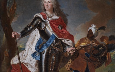 Hyacinthe Rigaud, follower of - Frederick Augustus III of Saxony in armour and accompanied by a page