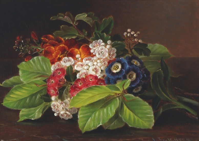 I. L. Jensen: Still life with flowers and beech branches. Signed I. L. Jensen. Oil on mahogany. 20×27.5 cm.