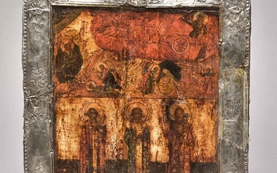 Icône, Russie, 16e/17e s., "Dieu le Père dans le carrosse céleste et 3 saints", bois,...