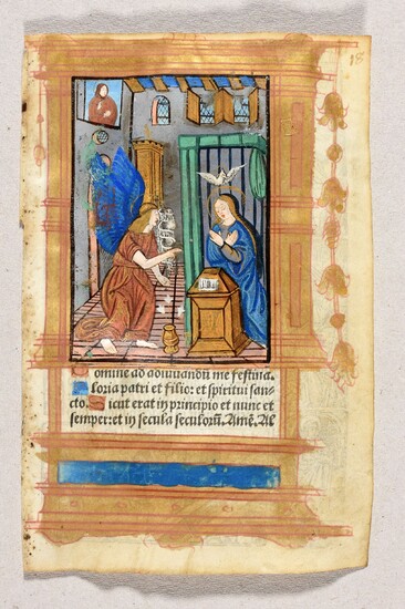 Illuminated vellum leaf of a printed Book of Hours, depicting the Annunciation. [Paris ca. 1510]...