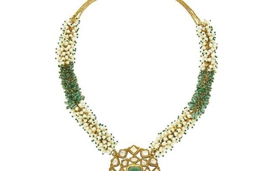 Indian Gold, Foil-Backed Emerald and Diamond, Emerald Bead, Freshwater Pearl and Jaipur Enamel
